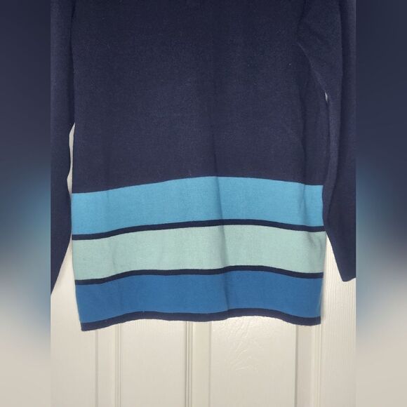 Adolfo Collectibles M Navy Blue Lngsl Knitted Striped FauxButtons Women Sweater - Picture 2 of 5